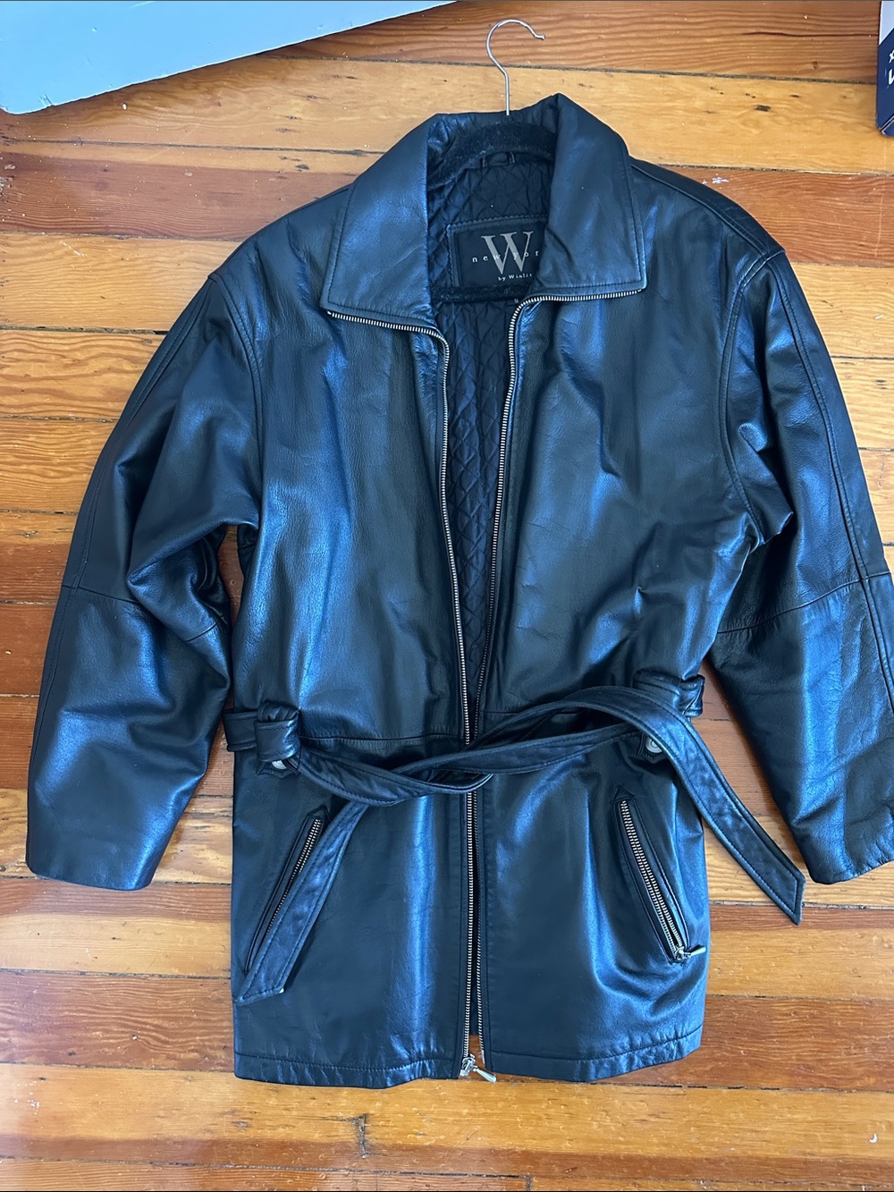 W by Worth Black Leather Belted Trench Coat